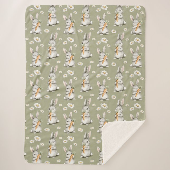 Cobertor Sherpa Coelhos com Cenouras Flores de Margarida Verde Ani (Frente)