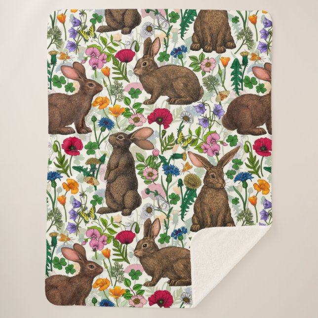 Cobertor Sherpa Coelhos e flores silvestres (Frente)