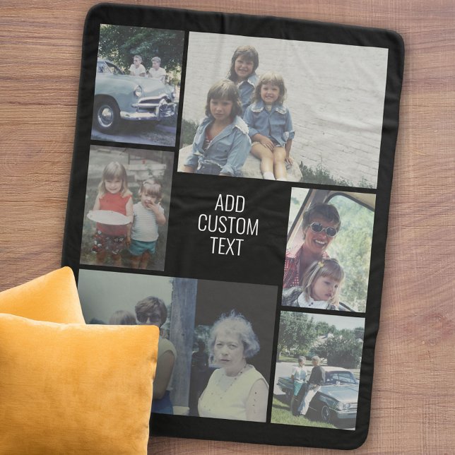 Cobertor Sherpa Colagem de 6 fotos - fundo preto - texto branco (Personalized sherpa blanket with photos and text)