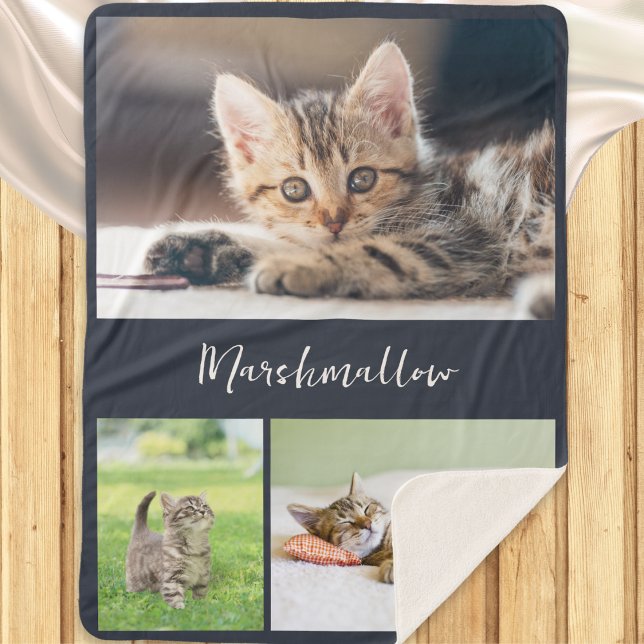 Cobertor Sherpa Colagem de Fotografias de na moda Pet Cat 3 (A blanket to customize with 3 photos of your pet cat and their name in elegant script typography)