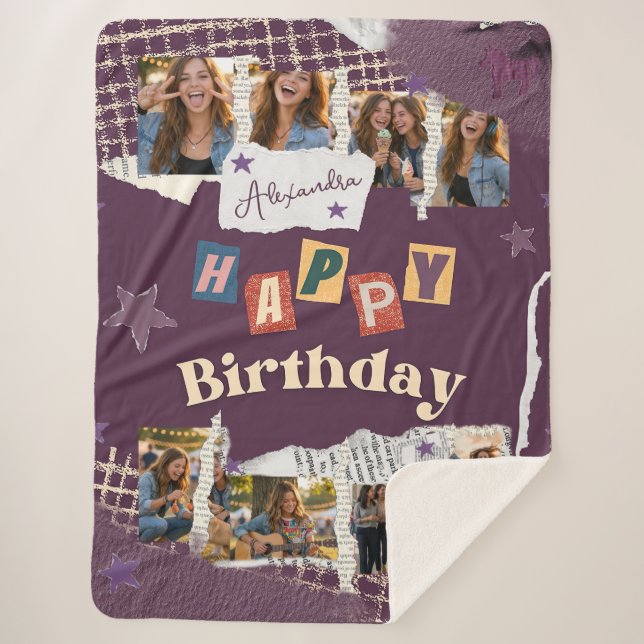 Cobertor Sherpa Colagem de Fotos de Aniversário em Álbum de Recort (Frente)