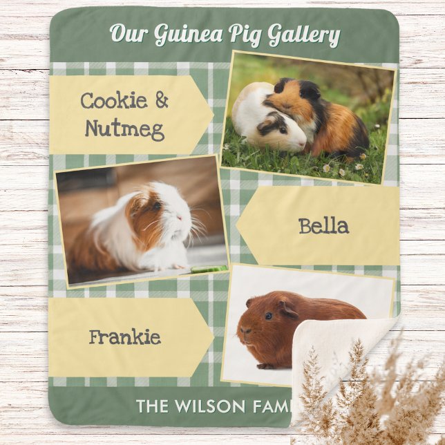 Cobertor Sherpa Colagem de Fotos Pet Guiné Pig Personalizada (A blanket for guinea pig lovers, with customizable photo gallery and pets' names)