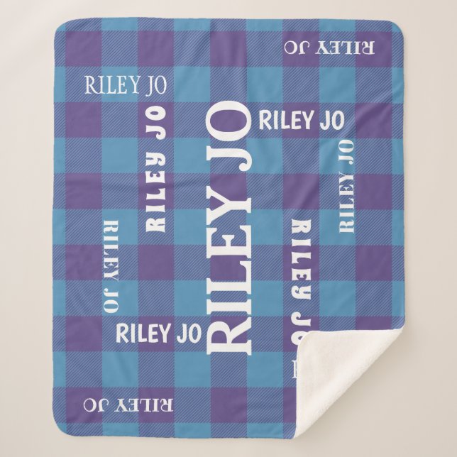 Cobertor Sherpa Colagem do Nome Russo do Padrão Roxo xadrez Azul (Frente)