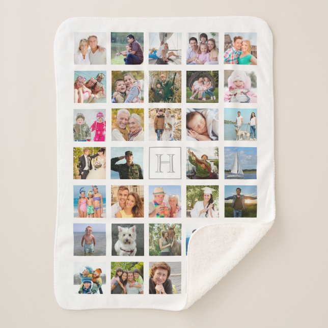 Cobertor Sherpa Colagem Fotográfica Monograma Cinza Branca (Frente)