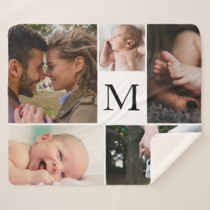 Cobertor Sherpa Colagem Personalizada de Fotos da Família Monogra