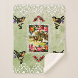 Cobertor Sherpa Colagem Vintage Retro com rendas e flores