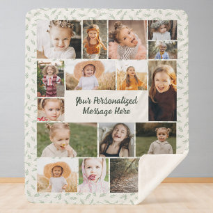 Cobertor Sherpa Colar Personalizado de 16 Fotos Botânico em Verde
