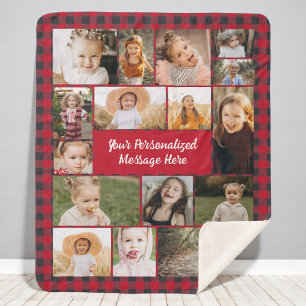Cobertor Sherpa Colar Personalizado de 16 Fotos com Xadrez de Búfa