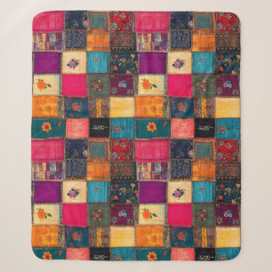 Cobertor Sherpa Colcha Vibrante de Remendos com Florais Clássicos