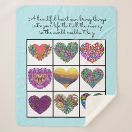 Cobertor Sherpa Collage of Painted Hearts (light blue), with Quote