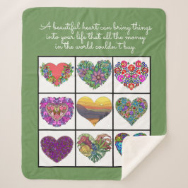 Cobertor Sherpa Collage of Painted Hearts (on green), with Quote