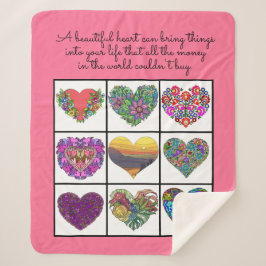 Cobertor Sherpa Collage of Painted Hearts (on pink), with Quote