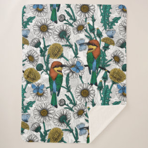 Cobertor Sherpa Comedores de abelhas, borboletas azuis e margarida