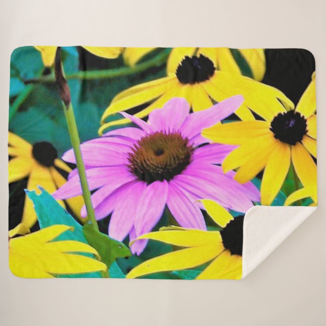 Cobertor Sherpa Coneflower Rosa e Roxo com Flores Amarelas (Frente (Horizontal))