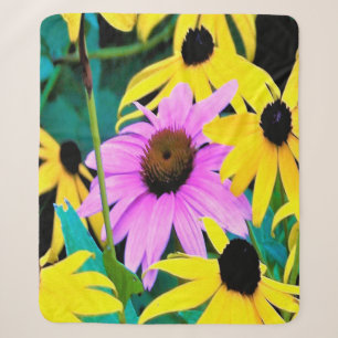 Cobertor Sherpa Coneflower Rosa e Roxo com Flores Amarelas