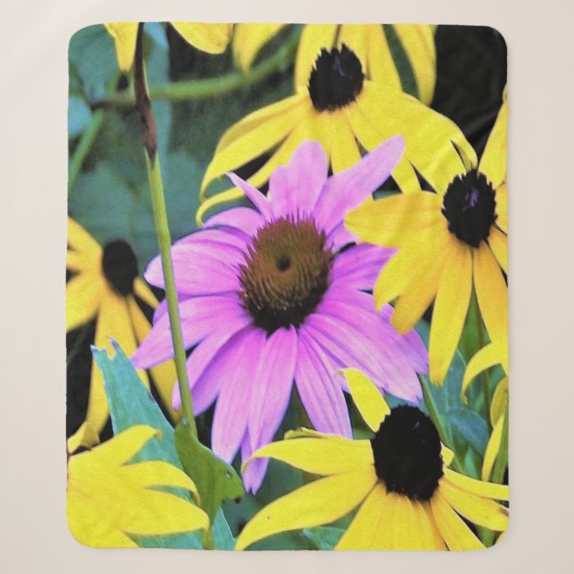 Cobertor Sherpa Coneflower Rosa e Roxo com Flores Amarelas (Frente)