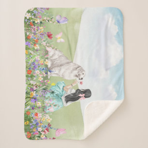 Cobertor Sherpa Coquette Girl and Dog Primavera Meadow Sherpa Blan