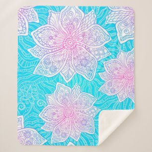 Cobertor Sherpa Cor azul e rosa das flores do ornamentado, patamar