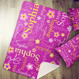 Cobertor Sherpa Cor-de-rosa flores roxas nome do texto personaliza