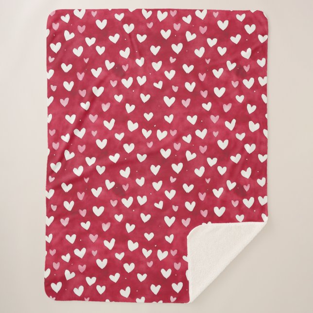 Cobertor Sherpa Corações Branco Rosa Vermelho (Frente)