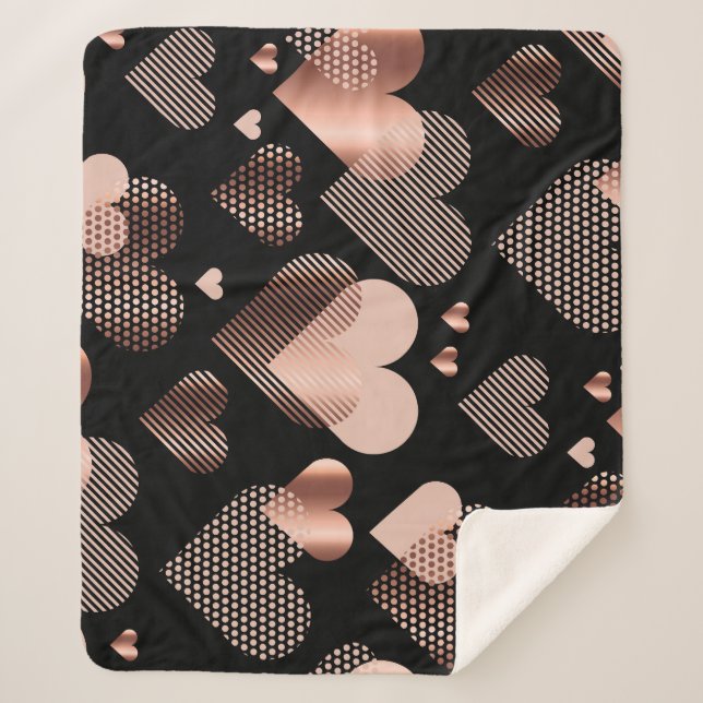 Cobertor Sherpa Corações de ouro rosa, preto antigo. (Frente)