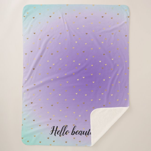 Cobertor Sherpa Corações Dourados do Ombre Purple Aqua (Frente)