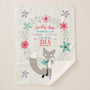 Cobertor Sherpa Coral Fox Baby Girl Stats Watercolor Wreath