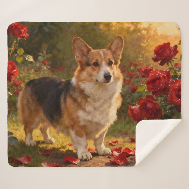 Cobertor Sherpa Corgi nas Rosas V (Frente (Horizontal))