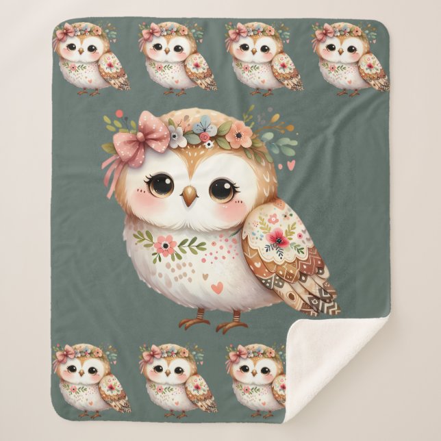 Cobertor Sherpa Coruja Floral Fofa com Laço (Frente)