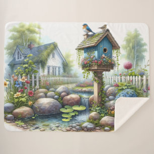 Cobertor Sherpa Cottagecore Casa de Pássaros Jardim Aquarela