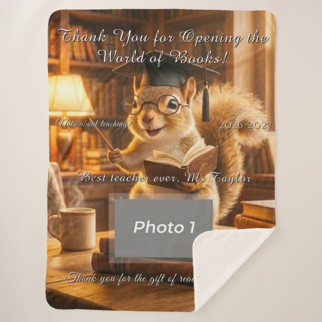 Cobertor Sherpa Cozy Library Squirrel Teacher Appreciation Blanket (Frente)