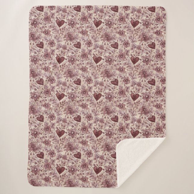 Cobertor Sherpa Cream Burgundy Red Hearts Flowers (Frente)