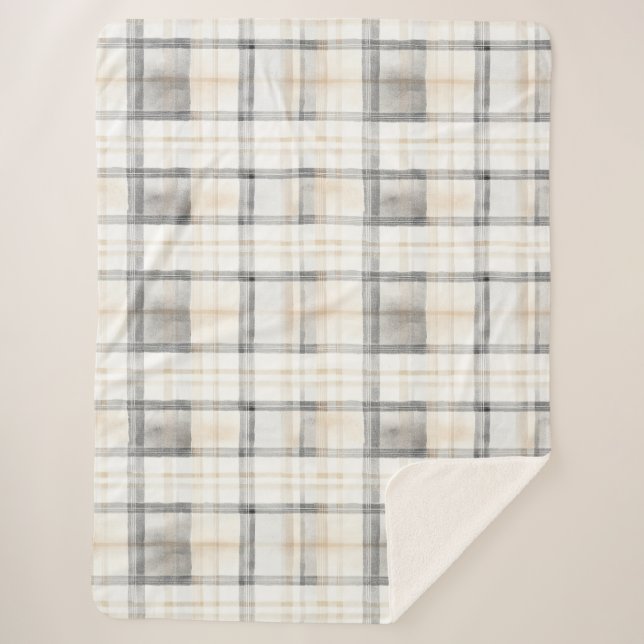 Cobertor Sherpa Cream Grey Yellow Plaid Stripes (Frente)