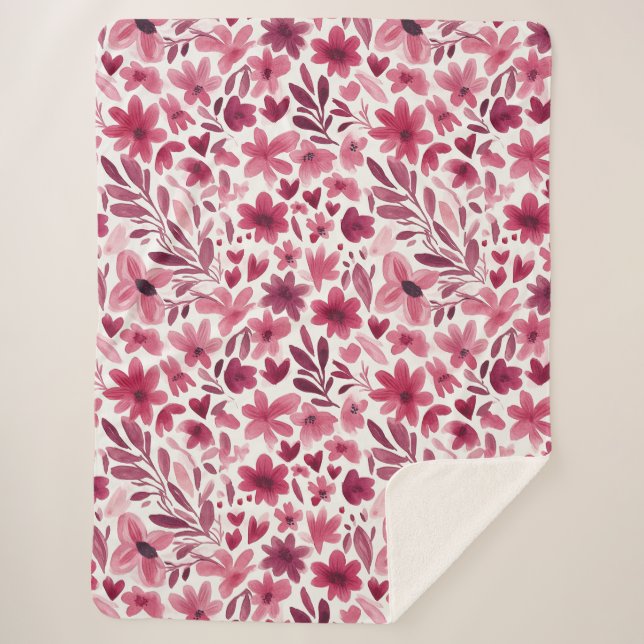 Cobertor Sherpa Creme Menina Rosa Flores Vermelhas Corações   (Frente)