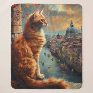 Cobertor Sherpa Crepúsculo em Veneza | Gato Laranja em um Canal