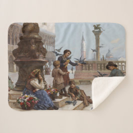 Cobertor Sherpa Crianças alimentando pombos em Veneza (por Paolett