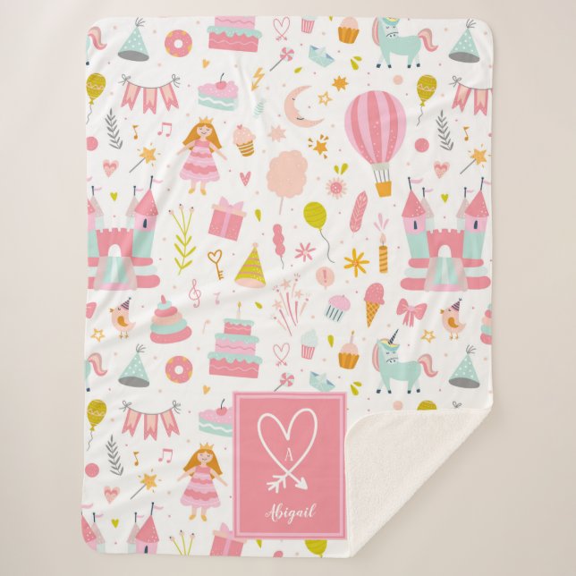 Cobertor Sherpa Crianças com Monogramas, Padrão do Partido Unicórn (Frente)