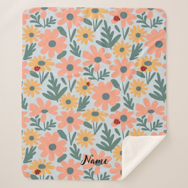 Cobertor Sherpa crianças Cute Ladybug Bolinhas Daisy Flower Padrão (Frente)