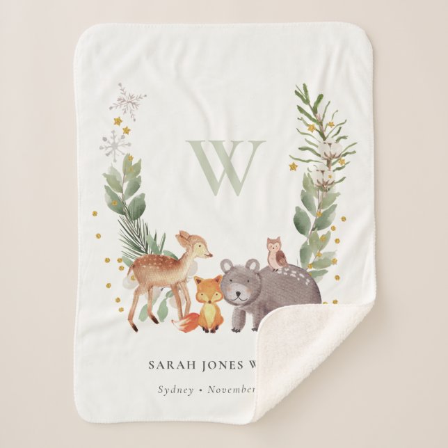 Cobertor Sherpa Crianças De Monograma De Leafia De Animais Da Flor (Frente)