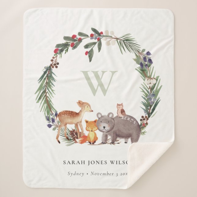 Cobertor Sherpa Crianças De Monograma De Leafia De Animais Da Flor (Frente)