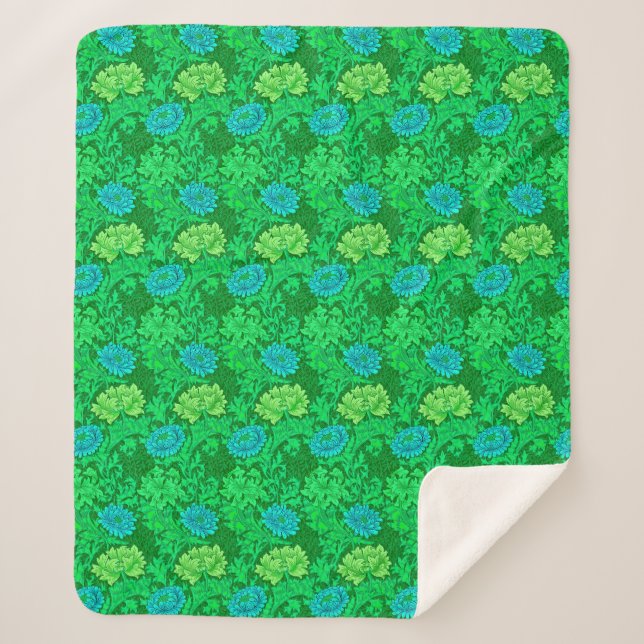 Cobertor Sherpa Crisântemos de William Morris, Verde Lima e Água (Frente)