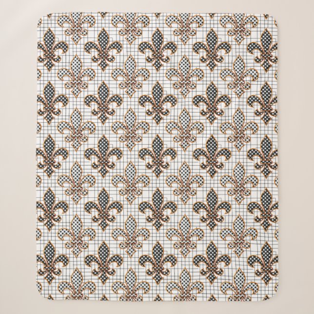 Cobertor Sherpa Cruz Preto e Branco Xadrez Bolinhas Flor-de-lis  (Frente)