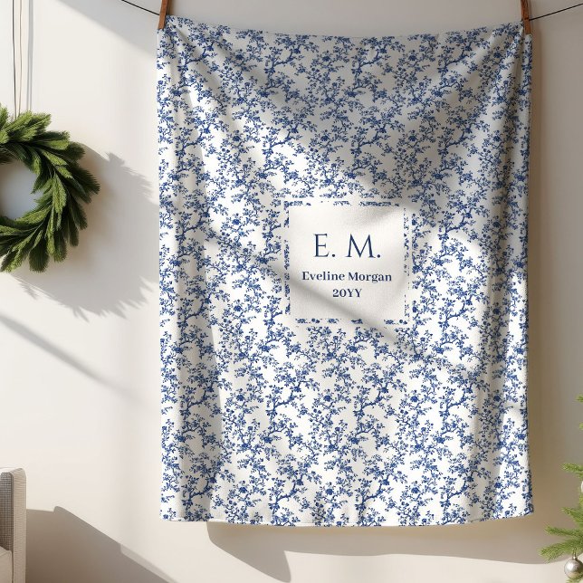 Cobertor Sherpa Custom Name Dusty Blue Toile Floral Cozy Blanket (Custom Name Dusty Blue Toile Floral Cozy Blanket)