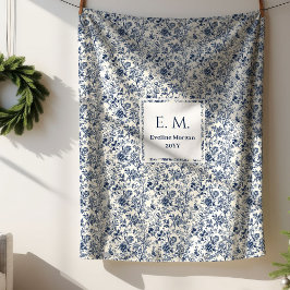 Cobertor Sherpa Custom Name Elegant French Toile Blue Blanket