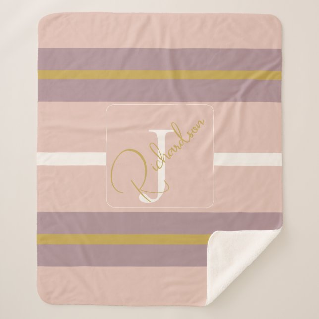 Cobertor Sherpa Customized Blush Pink Gold Stripe Monogram Chic  (Frente)