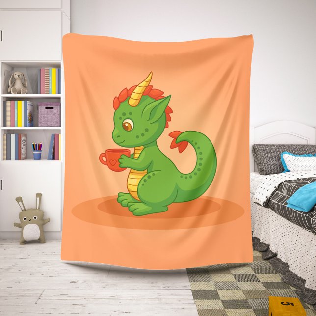 Cobertor Sherpa Cute Baby Dragon Holding Cup on Orange (Criador carregado)