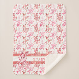 Cobertor Sherpa Cute Baby Name Coral and Pink Watercolor Octopus