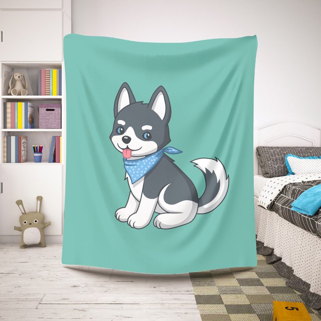 Cobertor Sherpa Cute Cartoon Husky Puppy Dog on Green (Criador carregado)