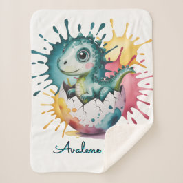Cobertor Sherpa Cute Dinosaur with Watercolor Splash Baby Shower