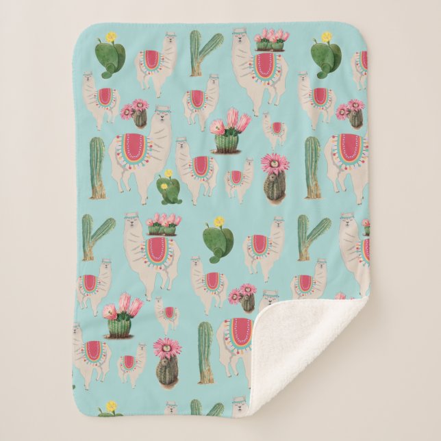 Cobertor Sherpa Cute Fiesta Llama & Cactus Pattern (Frente)